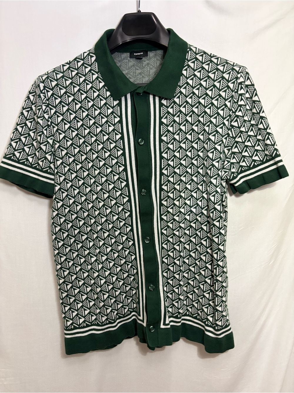 Express Cotton Green and White Geometric Knit Polo
